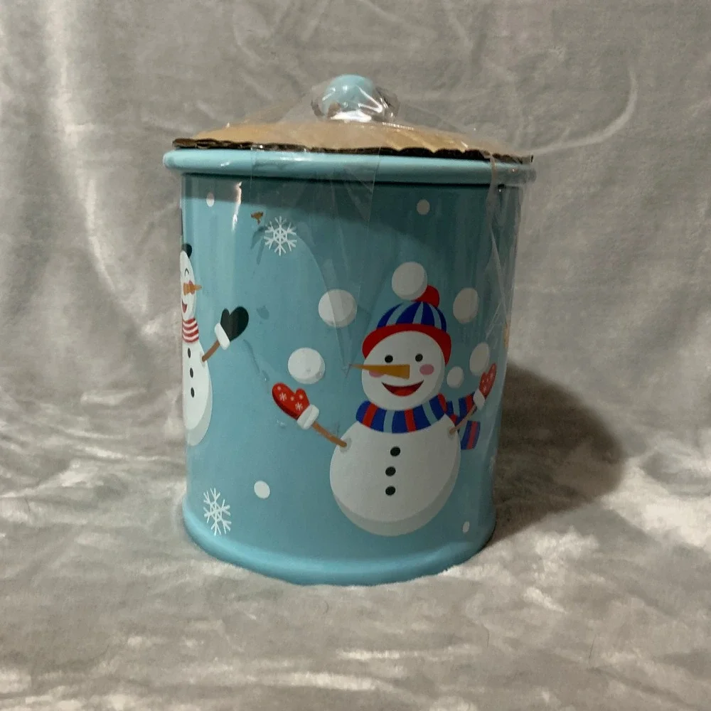 Mrs‎ Fields Snowman Ceramic Cookie Jar Blue Christmas Holiday Treat Canister Lid